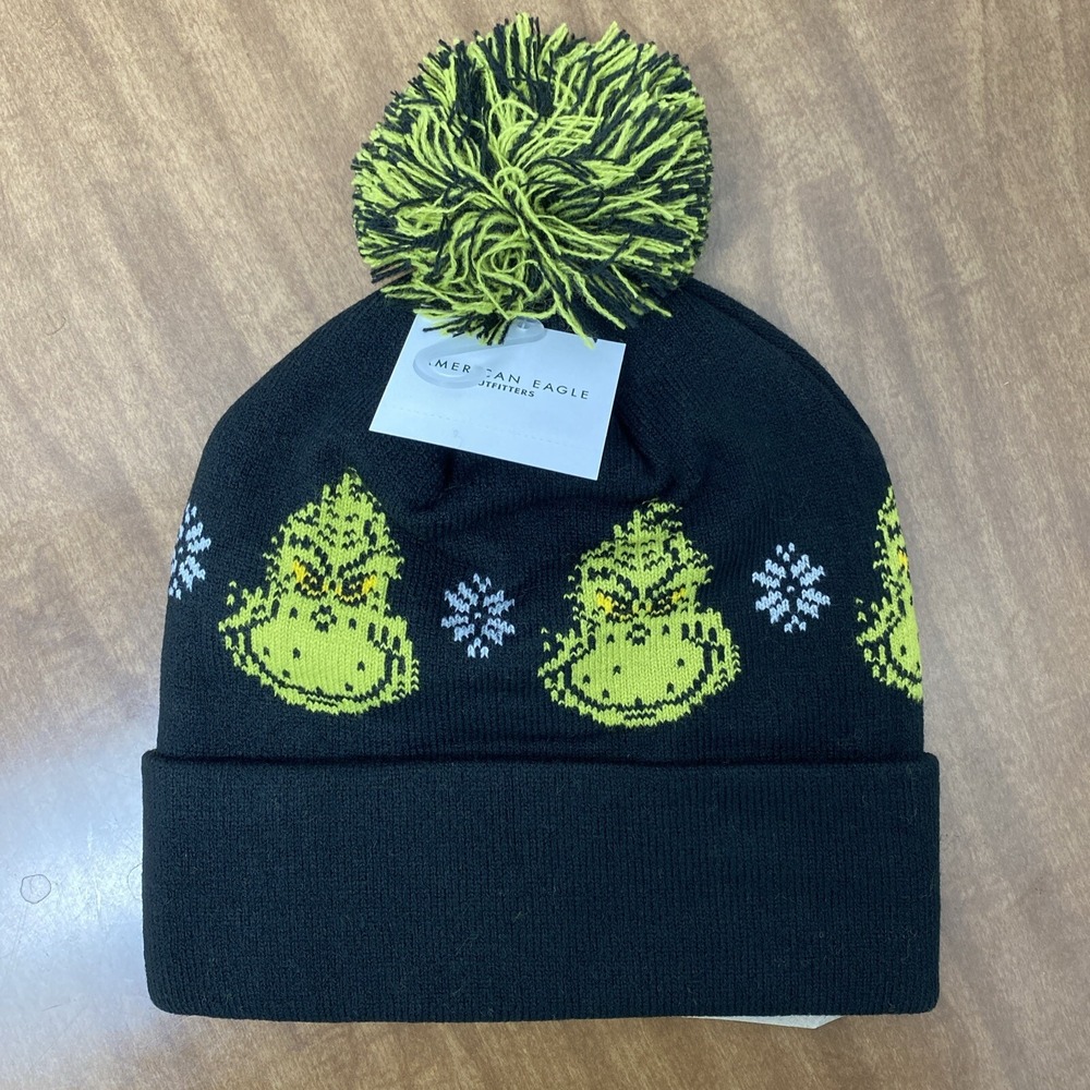 American Eagle Grinch Hat Beanie Black Green Cuff Pom Pom Christmas New winter